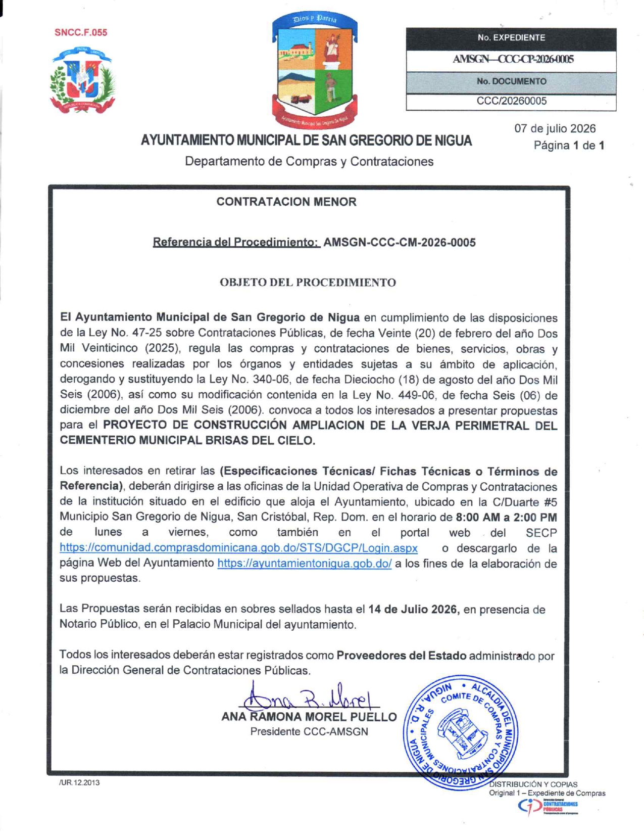 Convocatoria Proyecto de Construccion Ampliacion Verja Perimetral Cementerio Brisas del Cielo